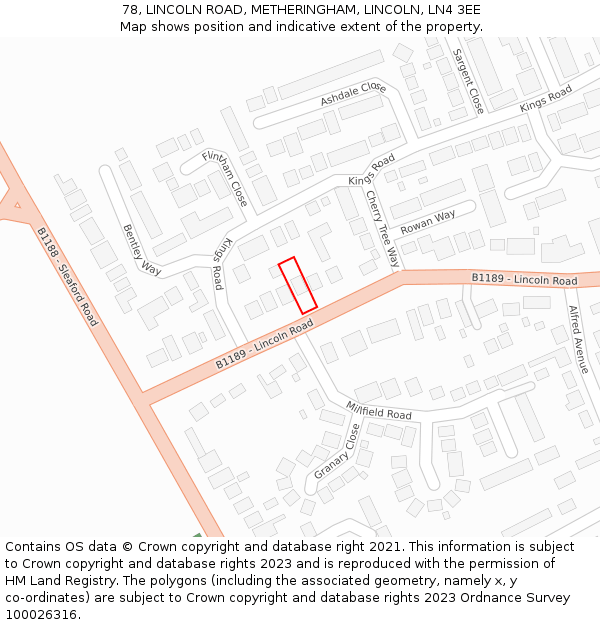 78, LINCOLN ROAD, METHERINGHAM, LINCOLN, LN4 3EE: Location map and indicative extent of plot