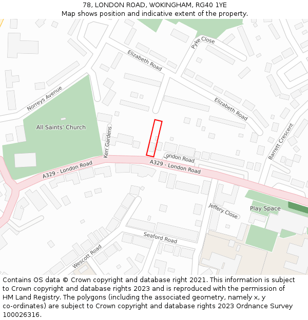 78, LONDON ROAD, WOKINGHAM, RG40 1YE: Location map and indicative extent of plot