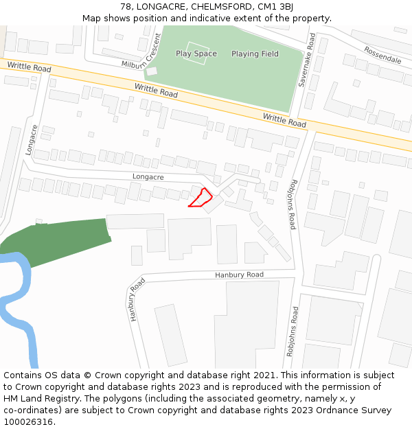 78, LONGACRE, CHELMSFORD, CM1 3BJ: Location map and indicative extent of plot