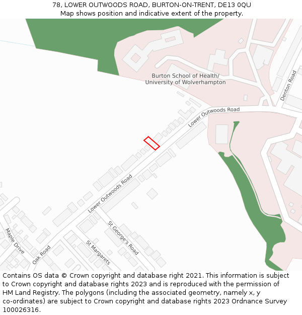 78, LOWER OUTWOODS ROAD, BURTON-ON-TRENT, DE13 0QU: Location map and indicative extent of plot