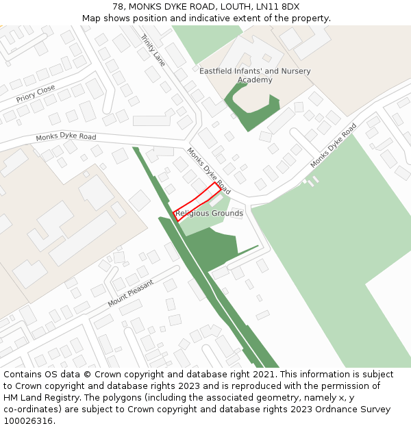 78, MONKS DYKE ROAD, LOUTH, LN11 8DX: Location map and indicative extent of plot