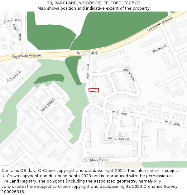 78, PARK LANE, WOODSIDE, TELFORD, TF7 5GB: Location map and indicative extent of plot