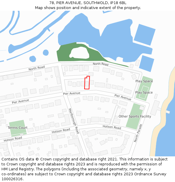 78, PIER AVENUE, SOUTHWOLD, IP18 6BL: Location map and indicative extent of plot