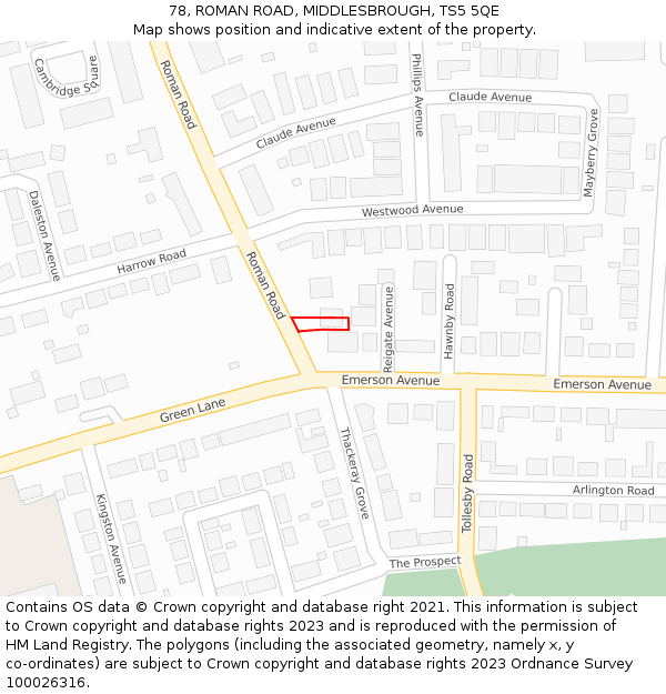 78, ROMAN ROAD, MIDDLESBROUGH, TS5 5QE: Location map and indicative extent of plot