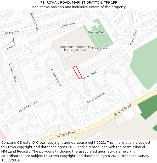 78, ROWAN ROAD, MARKET DRAYTON, TF9 1RR: Location map and indicative extent of plot
