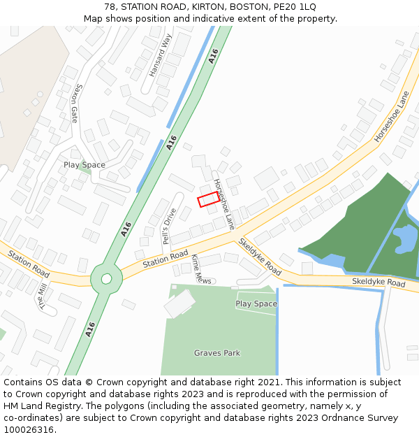 78, STATION ROAD, KIRTON, BOSTON, PE20 1LQ: Location map and indicative extent of plot