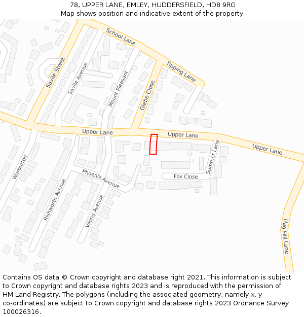 78, UPPER LANE, EMLEY, HUDDERSFIELD, HD8 9RG: Location map and indicative extent of plot