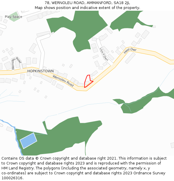 78, WERNOLEU ROAD, AMMANFORD, SA18 2JL: Location map and indicative extent of plot