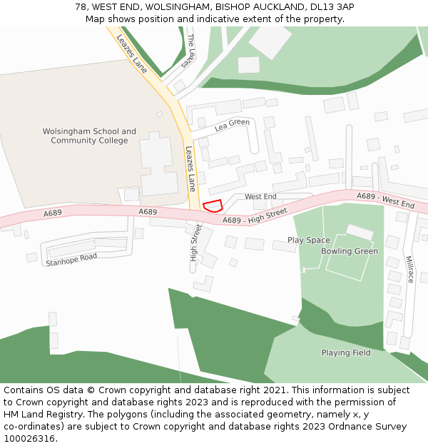 78, WEST END, WOLSINGHAM, BISHOP AUCKLAND, DL13 3AP: Location map and indicative extent of plot