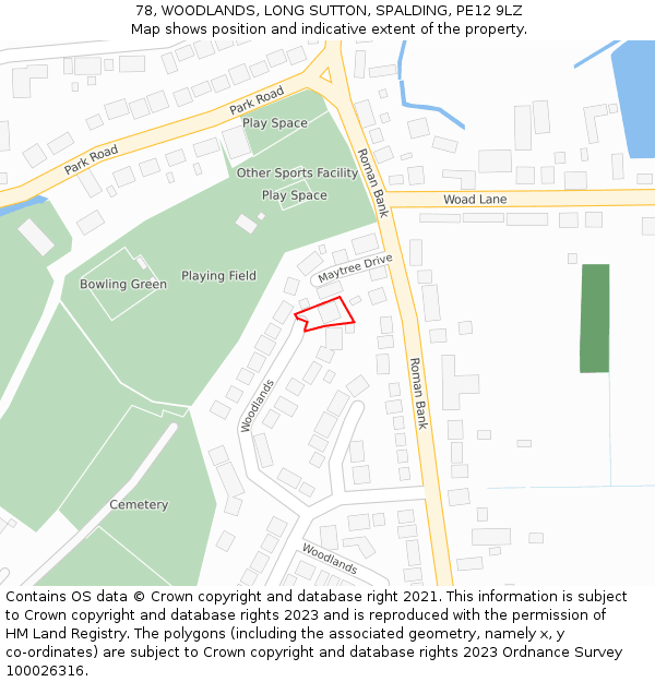 78, WOODLANDS, LONG SUTTON, SPALDING, PE12 9LZ: Location map and indicative extent of plot