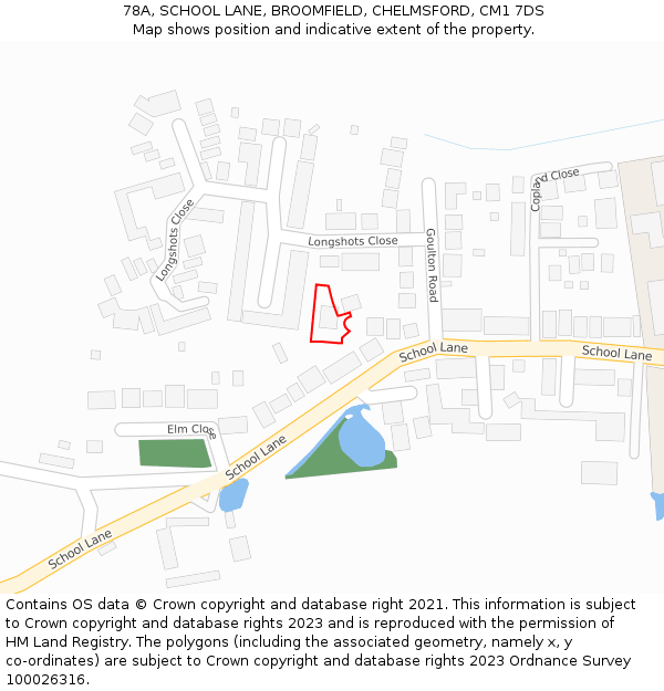 78A, SCHOOL LANE, BROOMFIELD, CHELMSFORD, CM1 7DS: Location map and indicative extent of plot