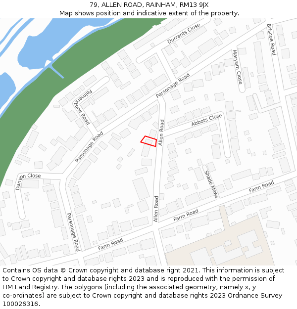 79, ALLEN ROAD, RAINHAM, RM13 9JX: Location map and indicative extent of plot