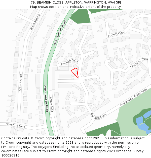 79, BEAMISH CLOSE, APPLETON, WARRINGTON, WA4 5RJ: Location map and indicative extent of plot