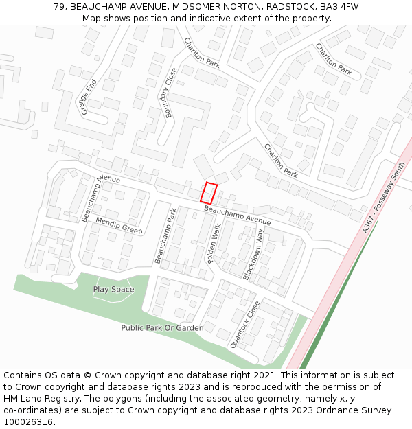 79, BEAUCHAMP AVENUE, MIDSOMER NORTON, RADSTOCK, BA3 4FW: Location map and indicative extent of plot
