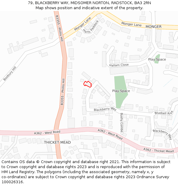 79, BLACKBERRY WAY, MIDSOMER NORTON, RADSTOCK, BA3 2RN: Location map and indicative extent of plot