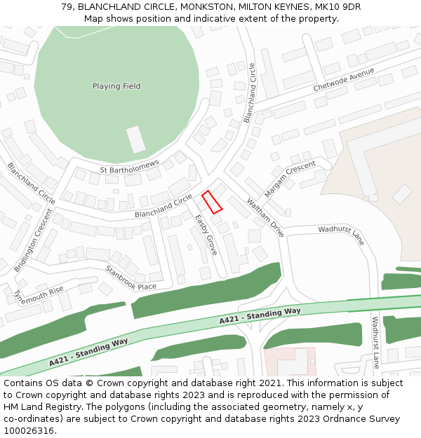 79, BLANCHLAND CIRCLE, MONKSTON, MILTON KEYNES, MK10 9DR: Location map and indicative extent of plot