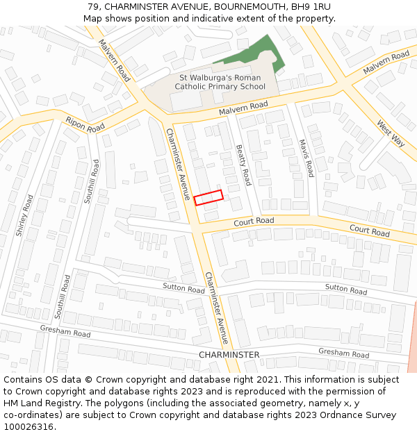79, CHARMINSTER AVENUE, BOURNEMOUTH, BH9 1RU: Location map and indicative extent of plot