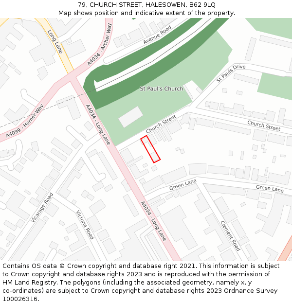79, CHURCH STREET, HALESOWEN, B62 9LQ: Location map and indicative extent of plot