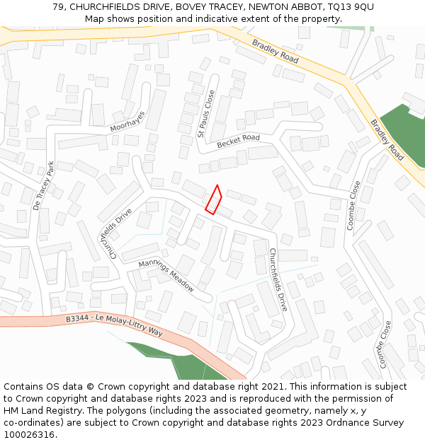 79, CHURCHFIELDS DRIVE, BOVEY TRACEY, NEWTON ABBOT, TQ13 9QU: Location map and indicative extent of plot