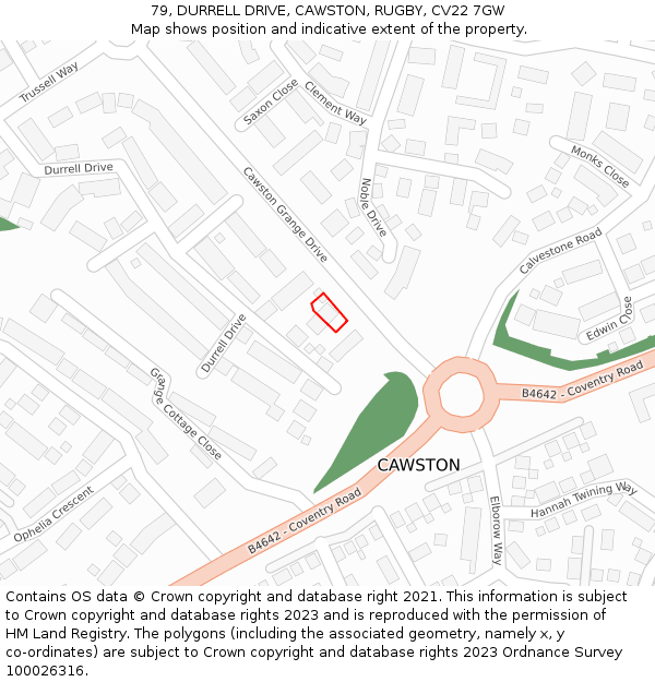 79, DURRELL DRIVE, CAWSTON, RUGBY, CV22 7GW: Location map and indicative extent of plot