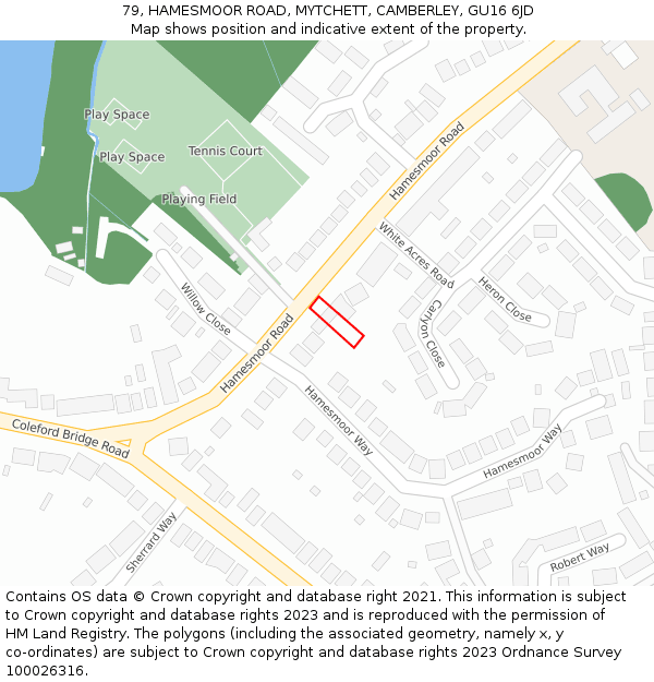 79, HAMESMOOR ROAD, MYTCHETT, CAMBERLEY, GU16 6JD: Location map and indicative extent of plot