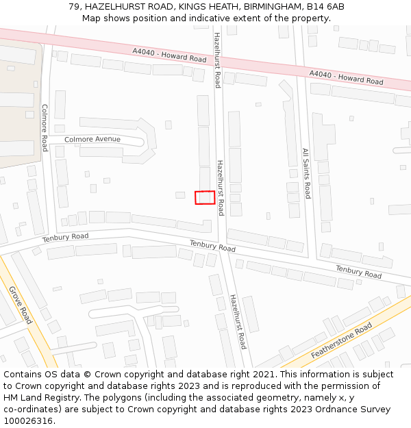 79, HAZELHURST ROAD, KINGS HEATH, BIRMINGHAM, B14 6AB: Location map and indicative extent of plot