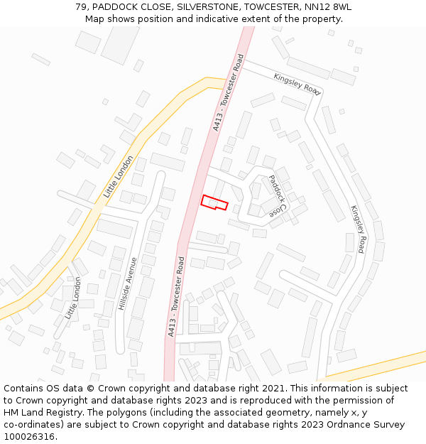 79, PADDOCK CLOSE, SILVERSTONE, TOWCESTER, NN12 8WL: Location map and indicative extent of plot