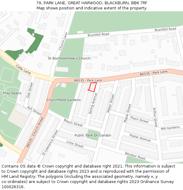 79, PARK LANE, GREAT HARWOOD, BLACKBURN, BB6 7RF: Location map and indicative extent of plot