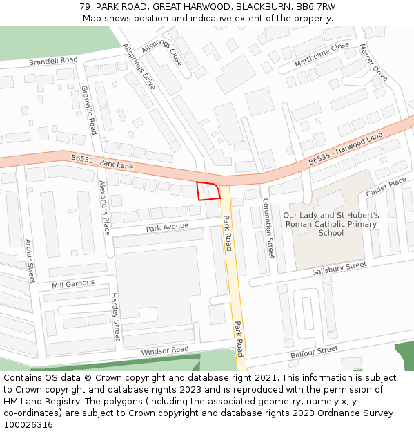 79, PARK ROAD, GREAT HARWOOD, BLACKBURN, BB6 7RW: Location map and indicative extent of plot