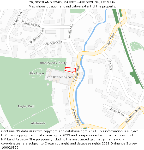 79, SCOTLAND ROAD, MARKET HARBOROUGH, LE16 8AY: Location map and indicative extent of plot