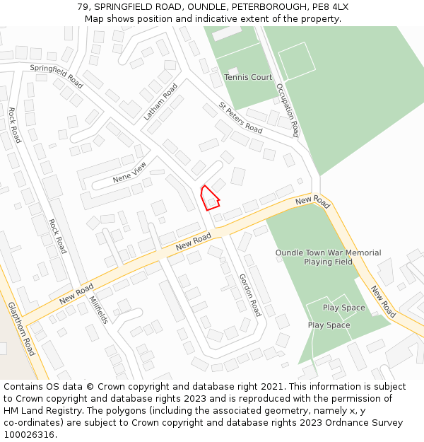 79, SPRINGFIELD ROAD, OUNDLE, PETERBOROUGH, PE8 4LX: Location map and indicative extent of plot