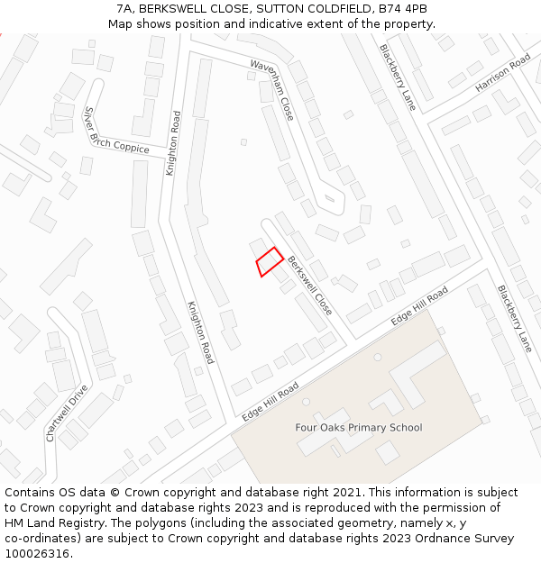 7A, BERKSWELL CLOSE, SUTTON COLDFIELD, B74 4PB: Location map and indicative extent of plot