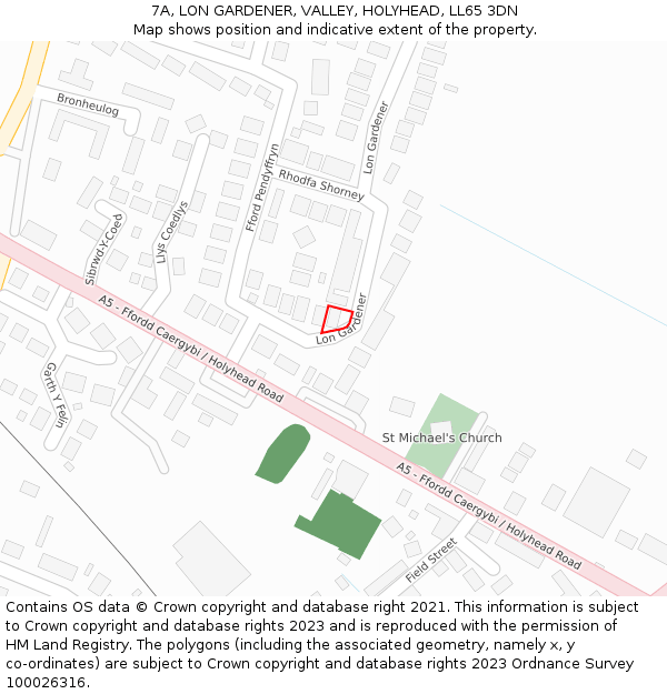 7A, LON GARDENER, VALLEY, HOLYHEAD, LL65 3DN: Location map and indicative extent of plot