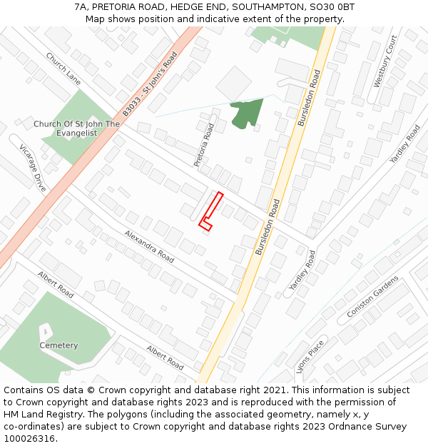 7A, PRETORIA ROAD, HEDGE END, SOUTHAMPTON, SO30 0BT: Location map and indicative extent of plot