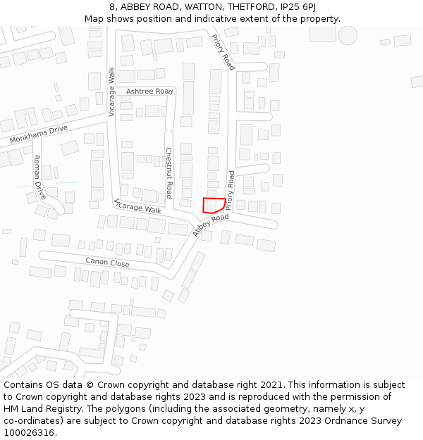 8, ABBEY ROAD, WATTON, THETFORD, IP25 6PJ: Location map and indicative extent of plot
