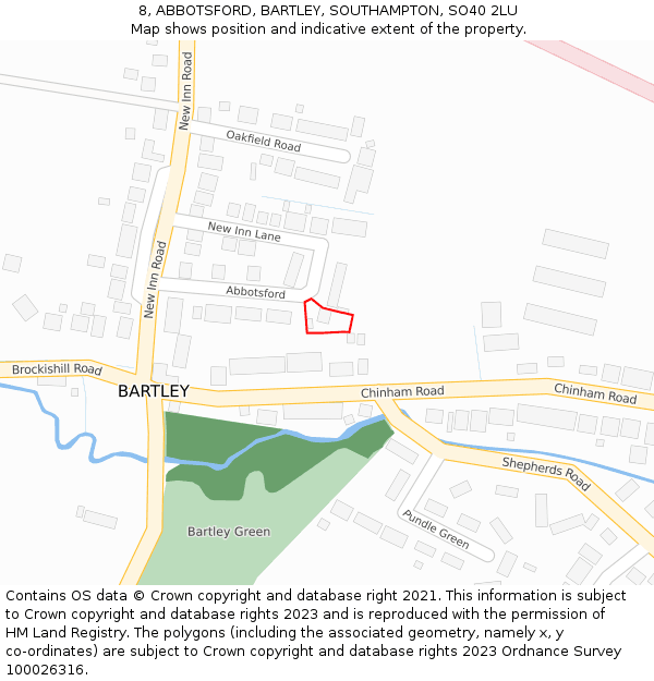 8, ABBOTSFORD, BARTLEY, SOUTHAMPTON, SO40 2LU: Location map and indicative extent of plot