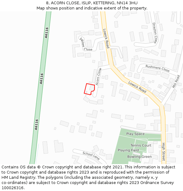 8, ACORN CLOSE, ISLIP, KETTERING, NN14 3HU: Location map and indicative extent of plot