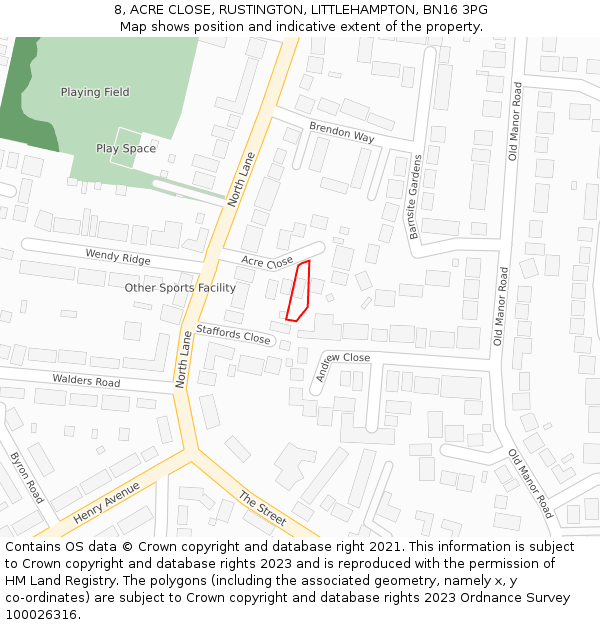 8, ACRE CLOSE, RUSTINGTON, LITTLEHAMPTON, BN16 3PG: Location map and indicative extent of plot