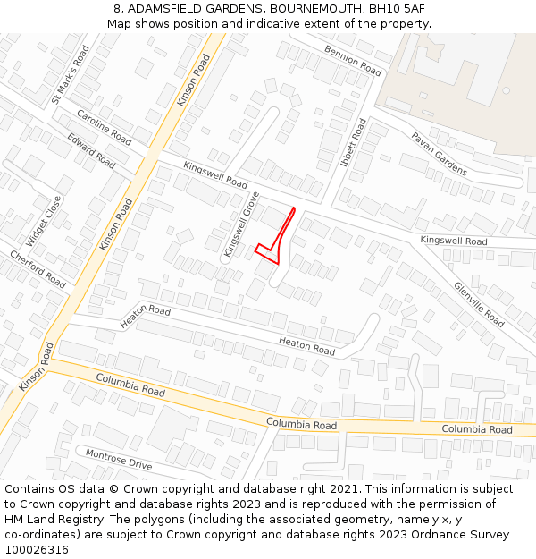 8, ADAMSFIELD GARDENS, BOURNEMOUTH, BH10 5AF: Location map and indicative extent of plot