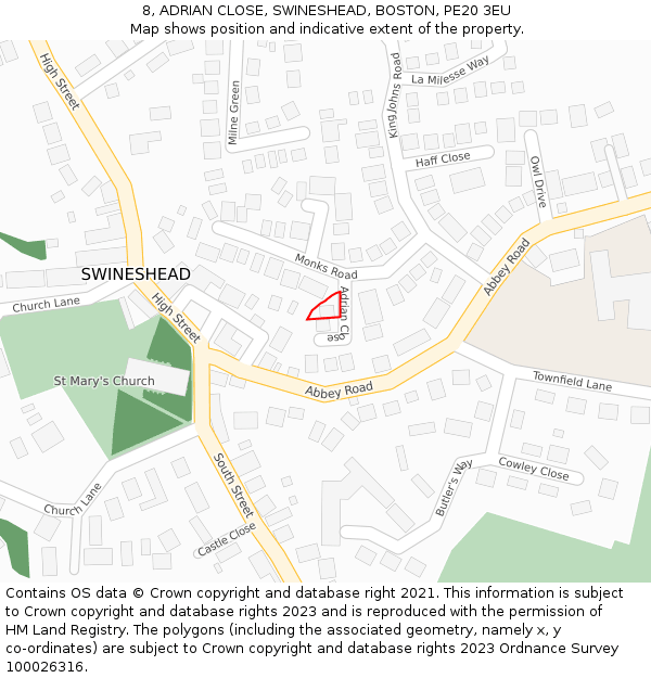 8, ADRIAN CLOSE, SWINESHEAD, BOSTON, PE20 3EU: Location map and indicative extent of plot