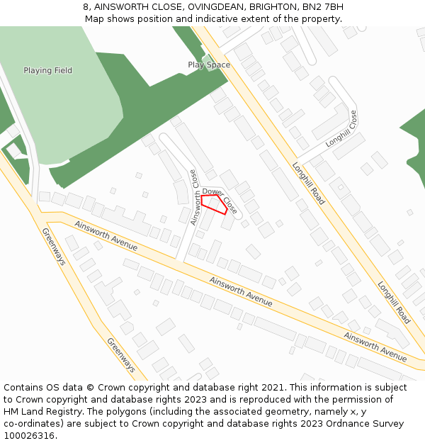 8, AINSWORTH CLOSE, OVINGDEAN, BRIGHTON, BN2 7BH: Location map and indicative extent of plot
