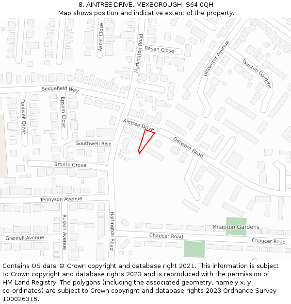8, AINTREE DRIVE, MEXBOROUGH, S64 0QH: Location map and indicative extent of plot