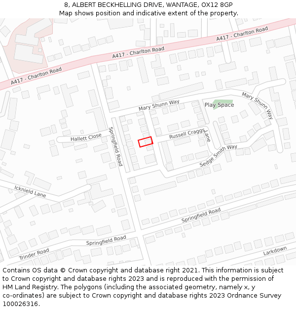8, ALBERT BECKHELLING DRIVE, WANTAGE, OX12 8GP: Location map and indicative extent of plot