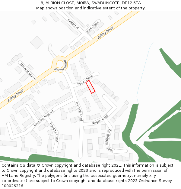 8, ALBION CLOSE, MOIRA, SWADLINCOTE, DE12 6EA: Location map and indicative extent of plot