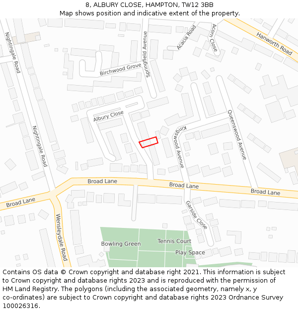 8, ALBURY CLOSE, HAMPTON, TW12 3BB: Location map and indicative extent of plot