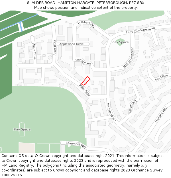 8, ALDER ROAD, HAMPTON HARGATE, PETERBOROUGH, PE7 8BX: Location map and indicative extent of plot