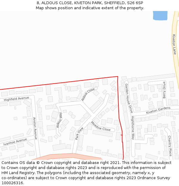 8, ALDOUS CLOSE, KIVETON PARK, SHEFFIELD, S26 6SP: Location map and indicative extent of plot