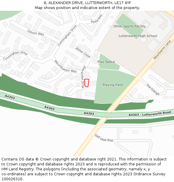 8, ALEXANDER DRIVE, LUTTERWORTH, LE17 4YF: Location map and indicative extent of plot