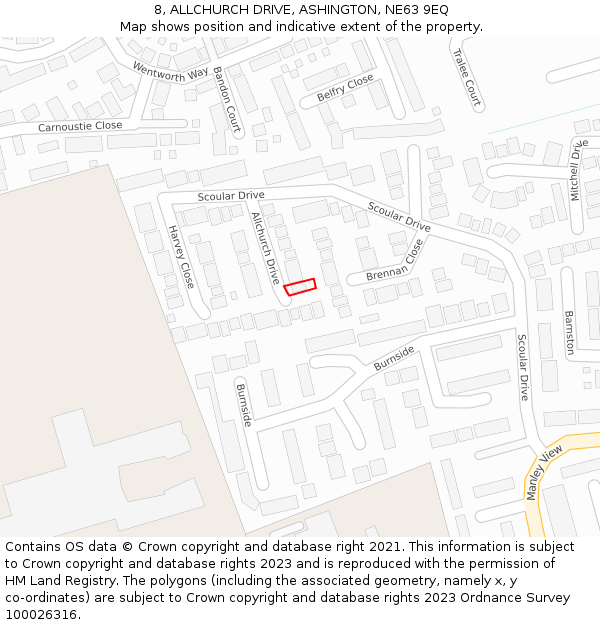 8, ALLCHURCH DRIVE, ASHINGTON, NE63 9EQ: Location map and indicative extent of plot