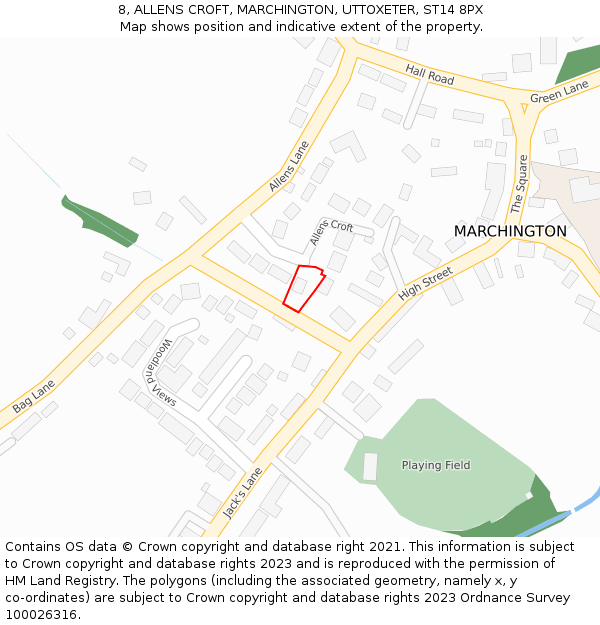 8, ALLENS CROFT, MARCHINGTON, UTTOXETER, ST14 8PX: Location map and indicative extent of plot